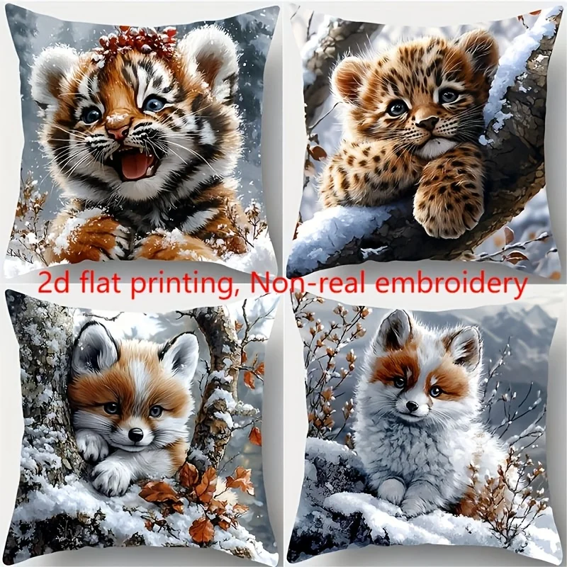 4-piece set featuring a snowy landscape background adorned with patterns of a young tiger fox  decorative accent in the bedroom.
