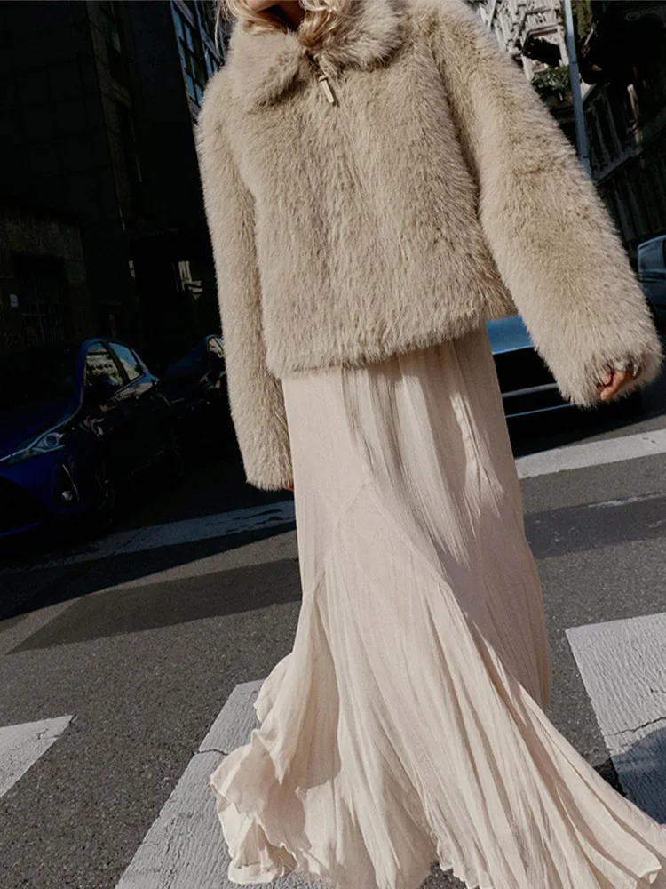 Write Tweed Thickened Lapel Outwear Faux Fur Long Sleeve Solid Color Zipper Coat Lady Elegant Winter Warm Casual Cozy Top