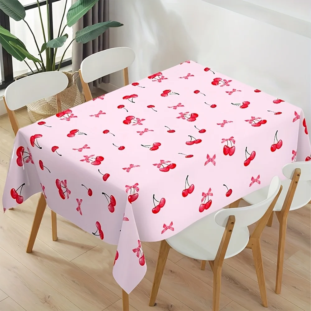 1pc  Pink Cherry & Bow Print Tablecloth,   Dining Table Cover for Kitchen Dining Room Home Decor
