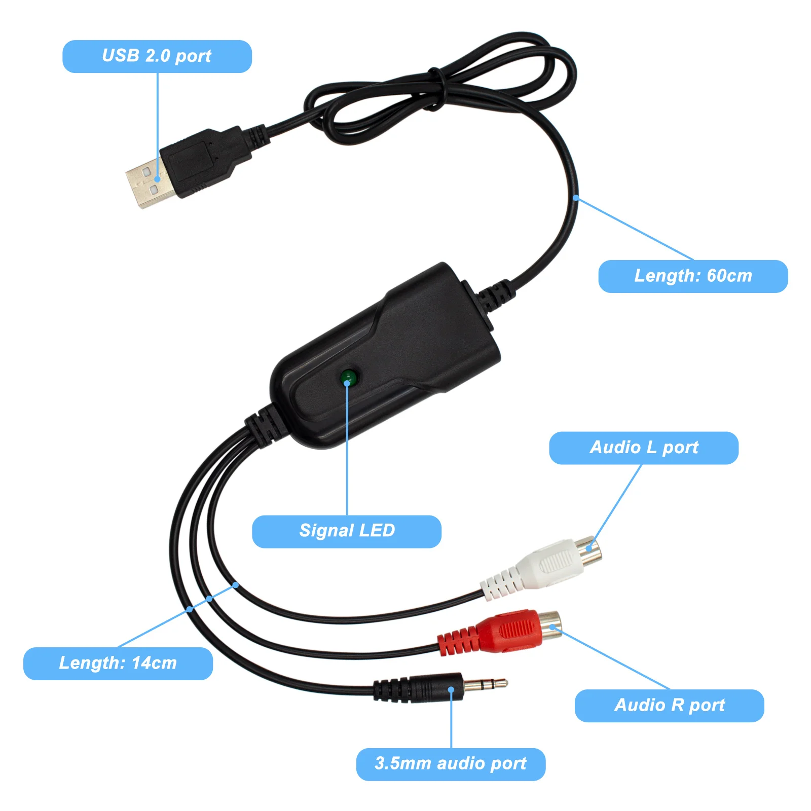 USB 오디오 캡처, 고품질 오디오 녹음 어댑터, RCA L/R 3.5mm 오디오 - USB 2.0, 테이프, MD, 테이프, CD 플레이어에 적합