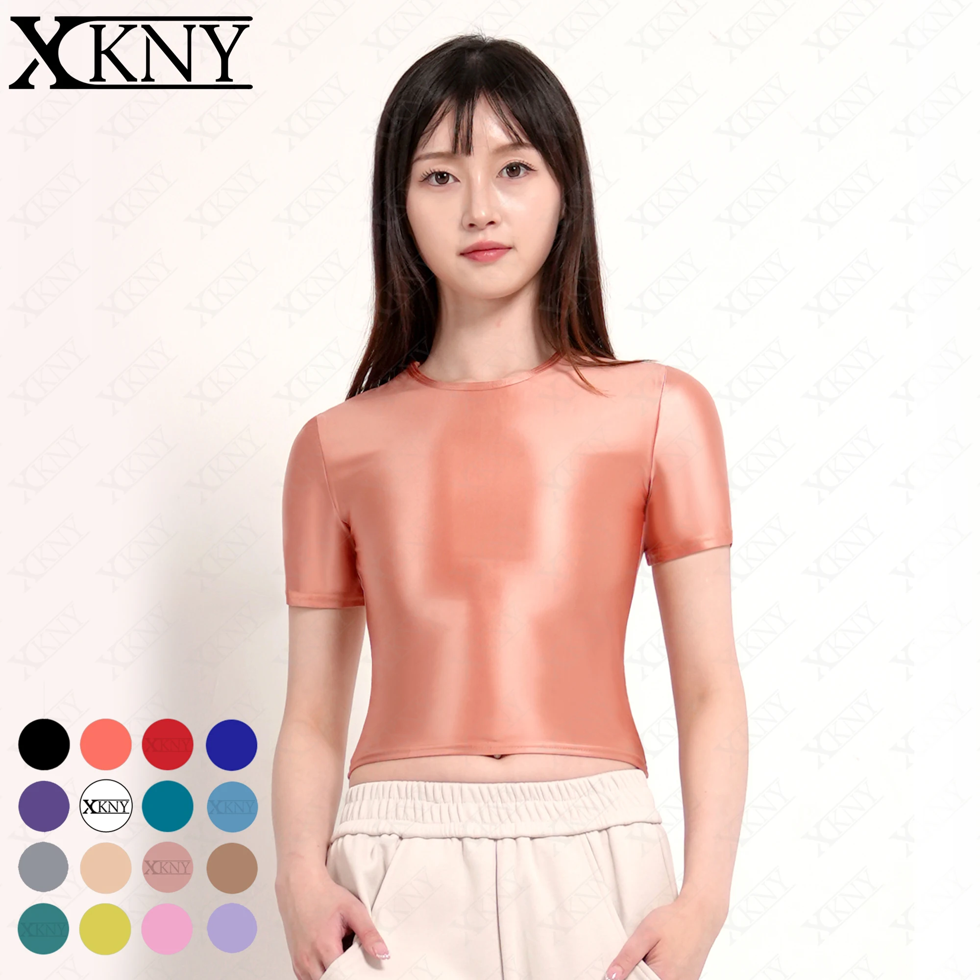 

XCKNY Satin glossy top oil shine bottoming shirt short sleeve suspender shirt versatile sports Yoga swim Undershirt Leisure top