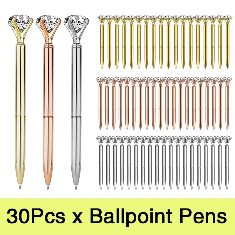 30Pcs Black Ink Diamond Ballpoint Pens Big Diamond Bling Metal Ballpoint Pen Office Supplies Supplies Gift Pens