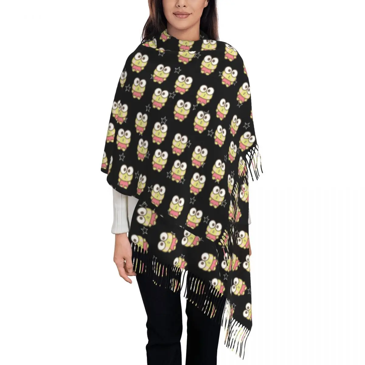 Custom Kerokero Keroppi Tassel Scarf Women Soft Shawls Wraps Ladies Winter Scarves