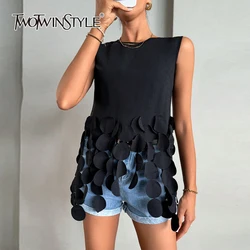 TWOTWINSTYLE Solid Patchwork Tassel Tank Tops For Women Round Neck Sleeveless Asymmetrical Slimming Vests Female Fashion Style