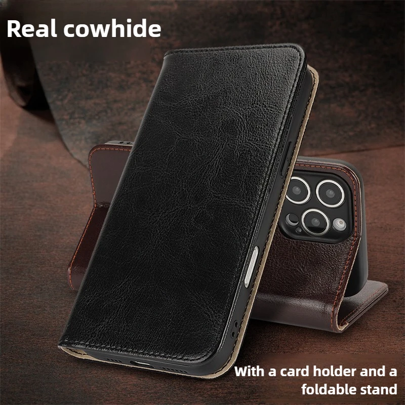 

Genuine Leather Flip Case for iPhone 17 Pro Case with Card Slot Full Protection Folding Stand Case for iPhone Air iPhone17ProMax