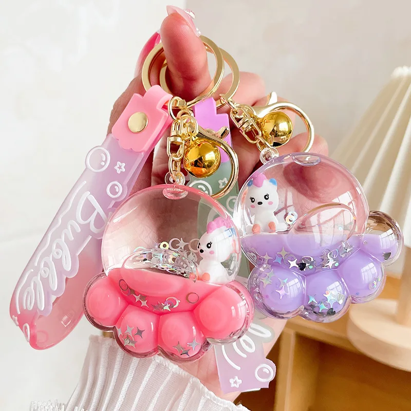 Creative Oily Unicorn Doll Sequins Key Chain Cartoon Floating Bear Paw Quicksand Bottle Liquid Keychain Cute Women Bag Keyring