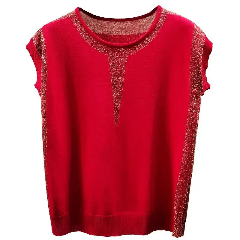 2023 Summer New Round Neck Short Sleeve Contrast Color Bright Silk T-shirt Women Ice Silk Fabric Thin Style Knitting Pullovers