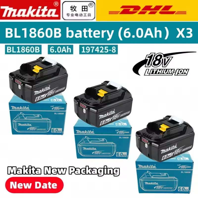 Makita 18V BL1860B Rechargeable 6Ah Lithium-Ion Battery High-Performance 6000mAh Power Tools Replaceable Battery for XDT111 XDT1