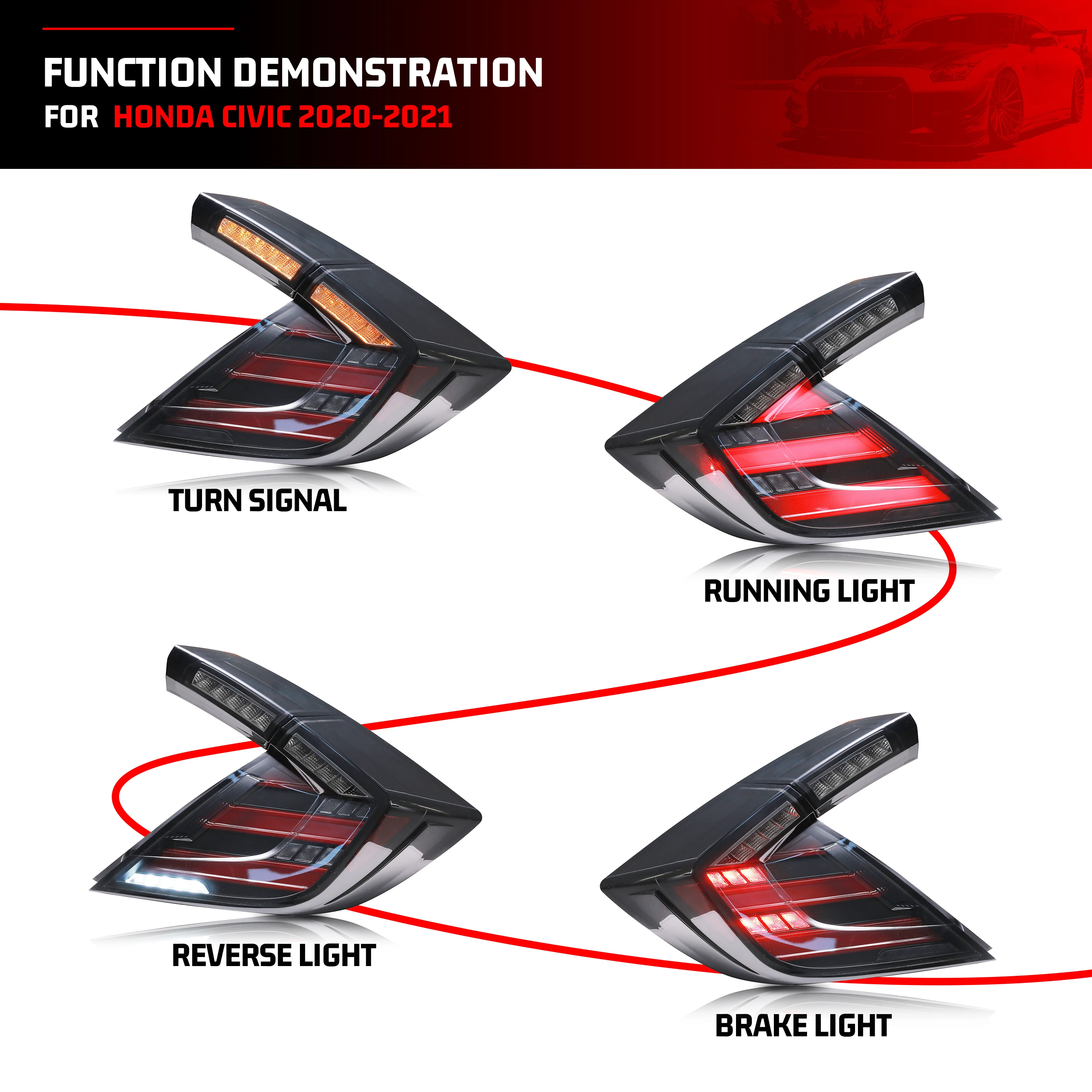 LED Tail Lights for Honda Civic Hatchback Type-R 2016-2020 Start-up Animation Sequential Turn Signal Rear Lamps Assembly