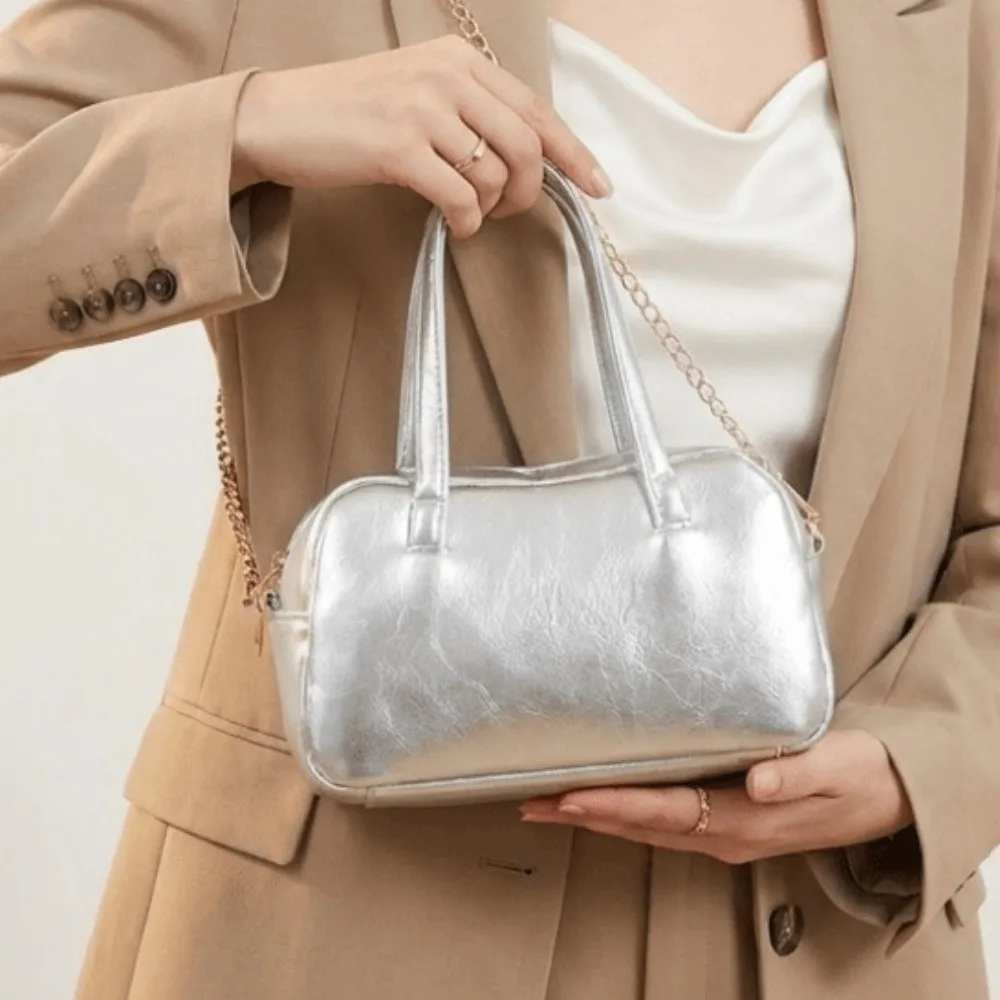 

Metallic Faux Leather Boston Bag Mini Size Detachable Chain Strap Crossbody Bag Double Top Handle Solid Color Shoulder Bag