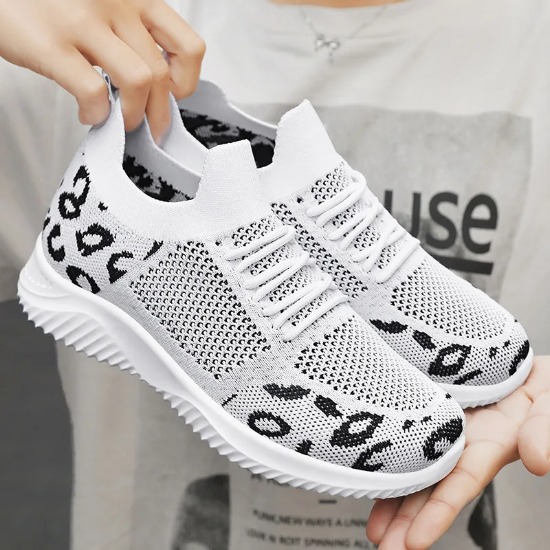 

Women Single Shoes Summer Sports Fashion Leopard Print Lace Up Breathable Lightweight Tennis Soft Sole Mesh Casual Women's Shoes