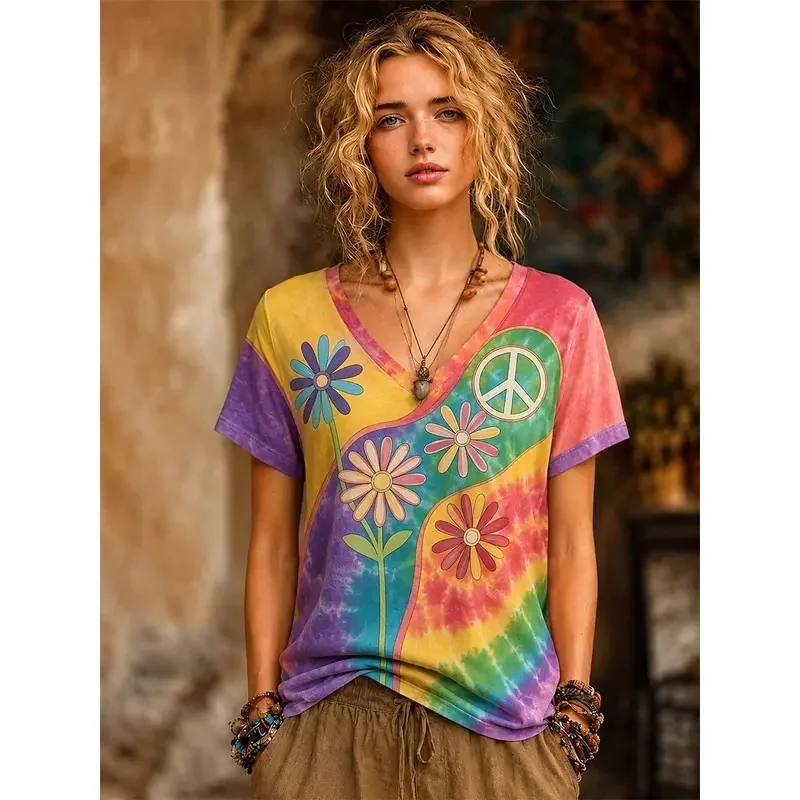 Women's 3D printed V-neck t-shirt, spring-summer, with rainbow design, tie-dye effect, waves, daisies.