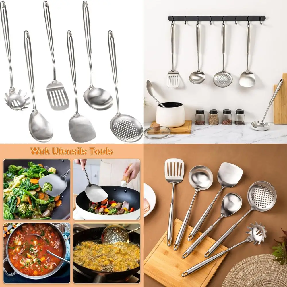 

Набор лопаток для вока из нержавеющей стали из 6 предметов с ковшом для супа и дуршлаг, кухонная утварь с антипригарным покрытием