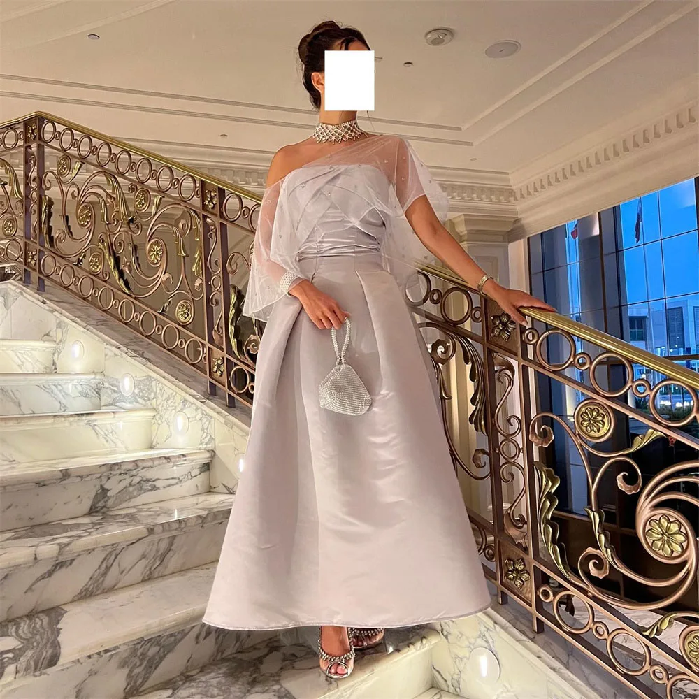 

Strapless A-line Prom Gown Watteau Train Detachable Shawl Modern Evening Dresses Ankle-Length Party Dress فساتين للحفلات الراقصة