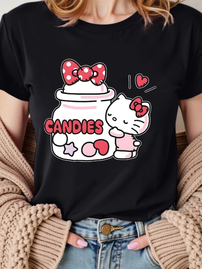 

Летняя футболка Hello Kitty, повседневная футболка с круглым вырезом и коротким рукавом с мультяшным принтом, подходит для лета/осень, модная футболка с узором