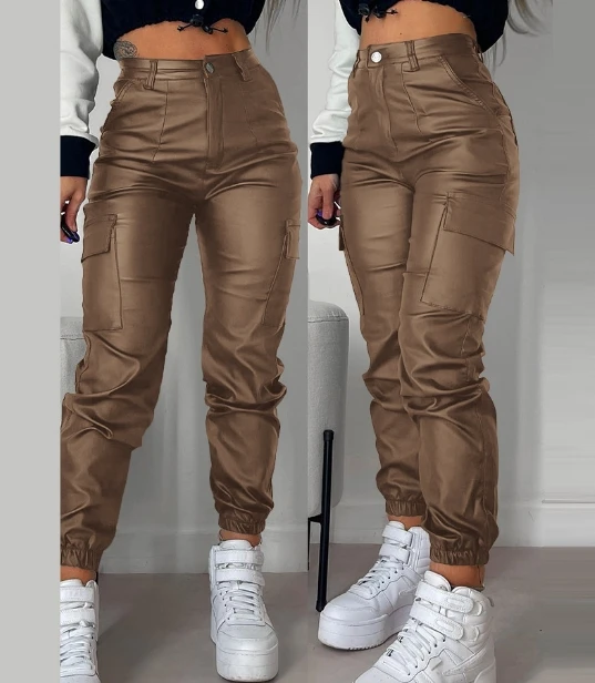 

Four Season Fashion Pure Color Elegant Women's Pants Workwear Pocket Design Pu Casual Patch Pocket Tight Pants