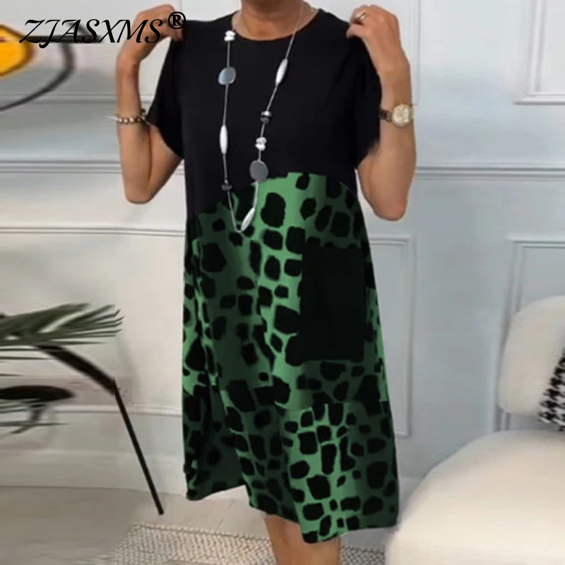 Spring Patchwork Leopard Print Casual Women\'s Dresses Sexy Round Neck A-Line Party Dress 2024 Summer Short Sleeve Loose Vestidos