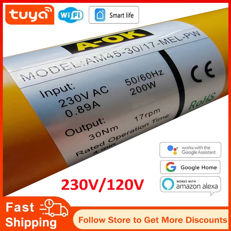 A-OK AM45 30/17 Smart Rolling Tubular Motor,RF433 Tuya wifi App,for 50/55/63/70/85mm Tube,for Rolling Blinds/Lifting System