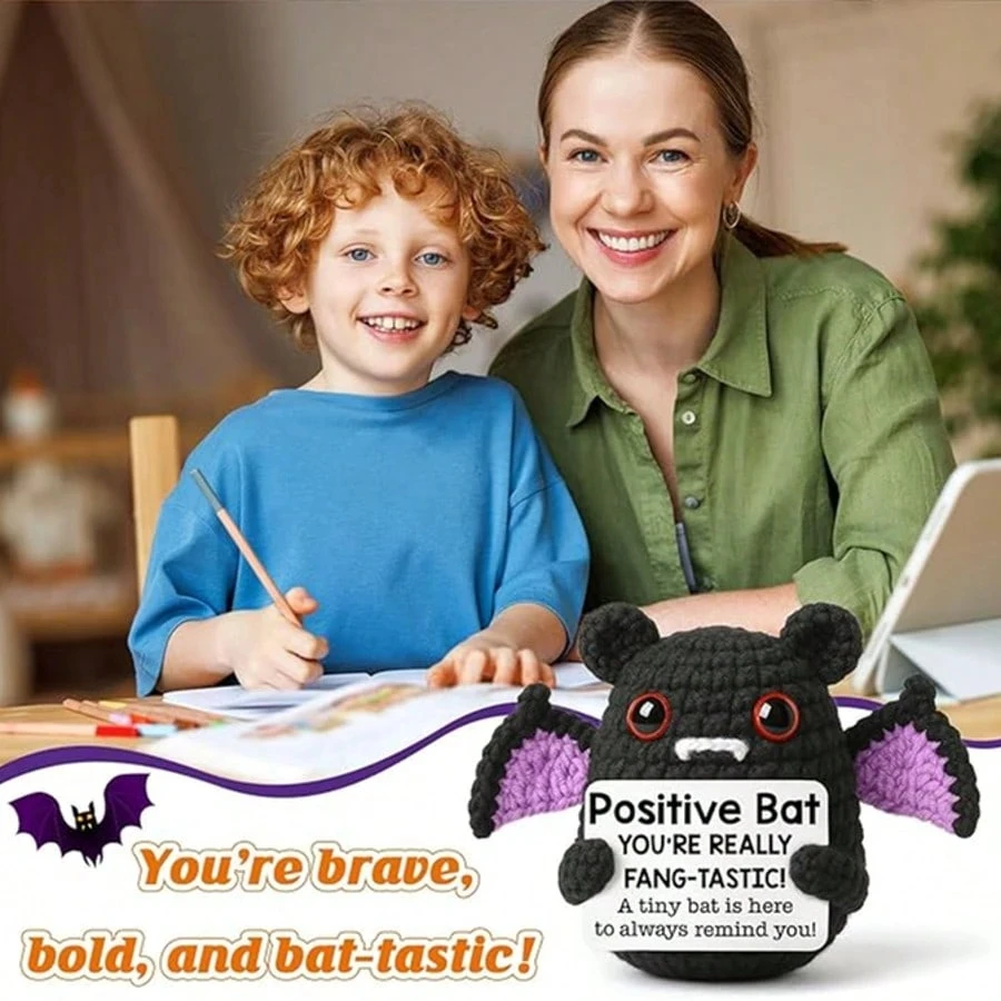 1 Piece of Handmade Crocheted Positive Bat Plush Toy, Crocheted Animal Toy Suitable for Both Men and Women, Ideal for Office Decoration, Halloween Gift