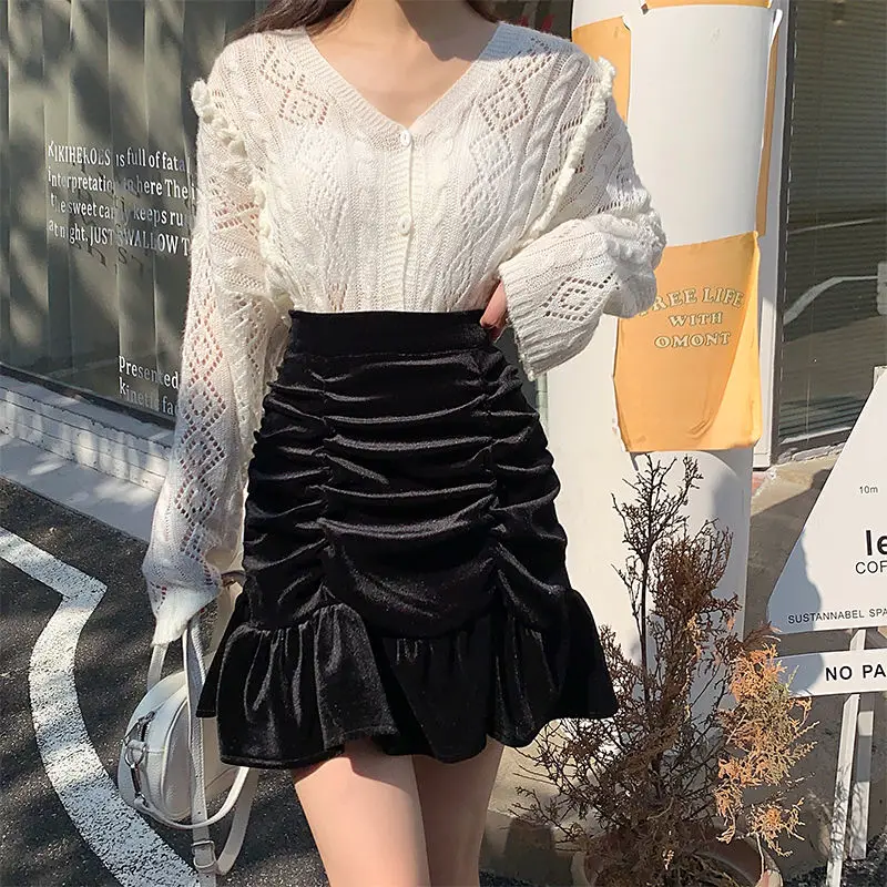 Velvet In Autumn And Winter Solid A-Line Mini Hem Ruffles New Chic Ruched All-Match High Waist Hot Selling Lovely Girls Elegant