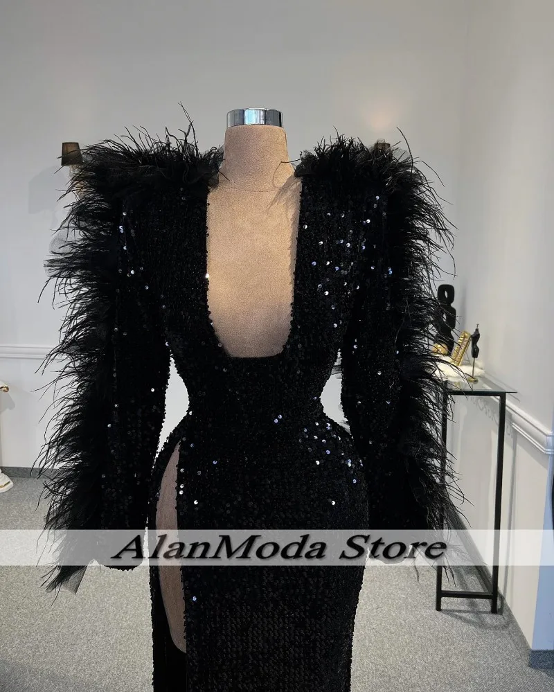 Black Evening Dresse Long Sleeves Sequin High Split Prom Gowns Feathers Party Outfit Mermaid Wedding Guest Dress Customized