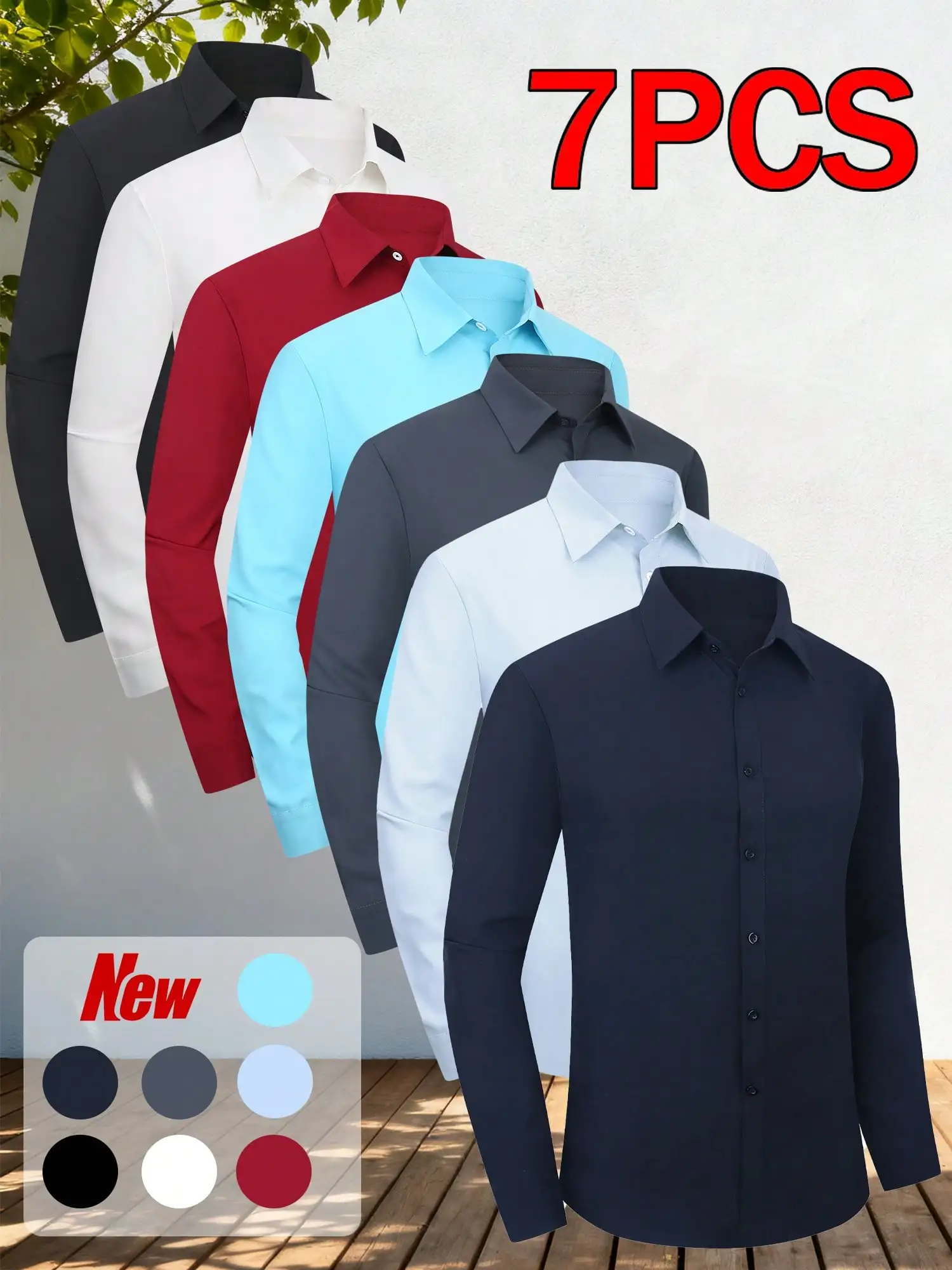 

7-Pack Men's Long-Sleeve Button-Up Shirts, Wrinkle-Resistant & Stretch, Business Casual