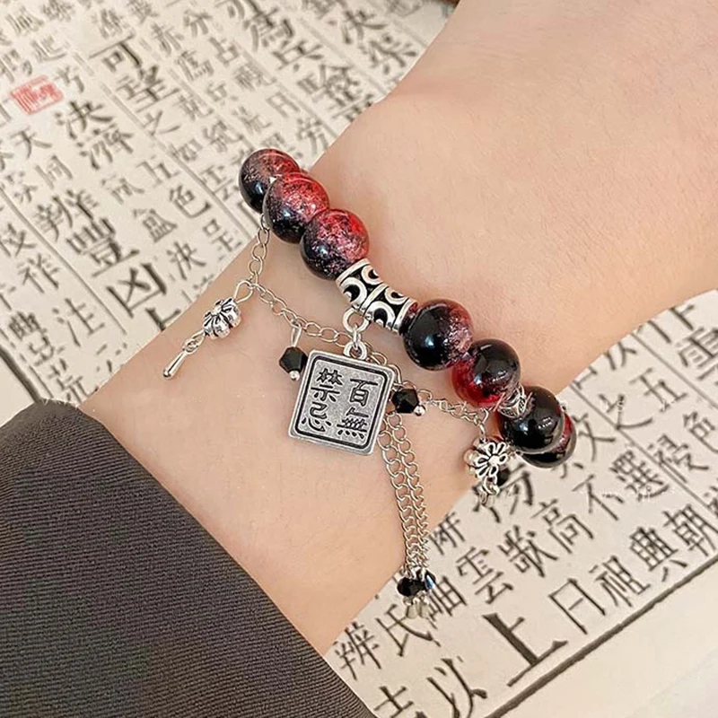 Rotes Perlen armband im chinesischen Stil für Frauen, die Schmetterlings quasten ketten anhänger armbänder mit dunklem gotischem Schmuck – Detail 8