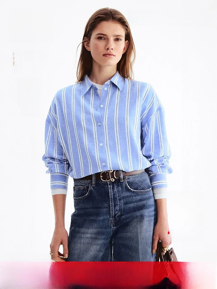 

H&M Women's Shirt Summer New Holiday Stripes High Intelligence Sensation Linen Mixed Shape Shirt Casual Style Loose Fit Long ...