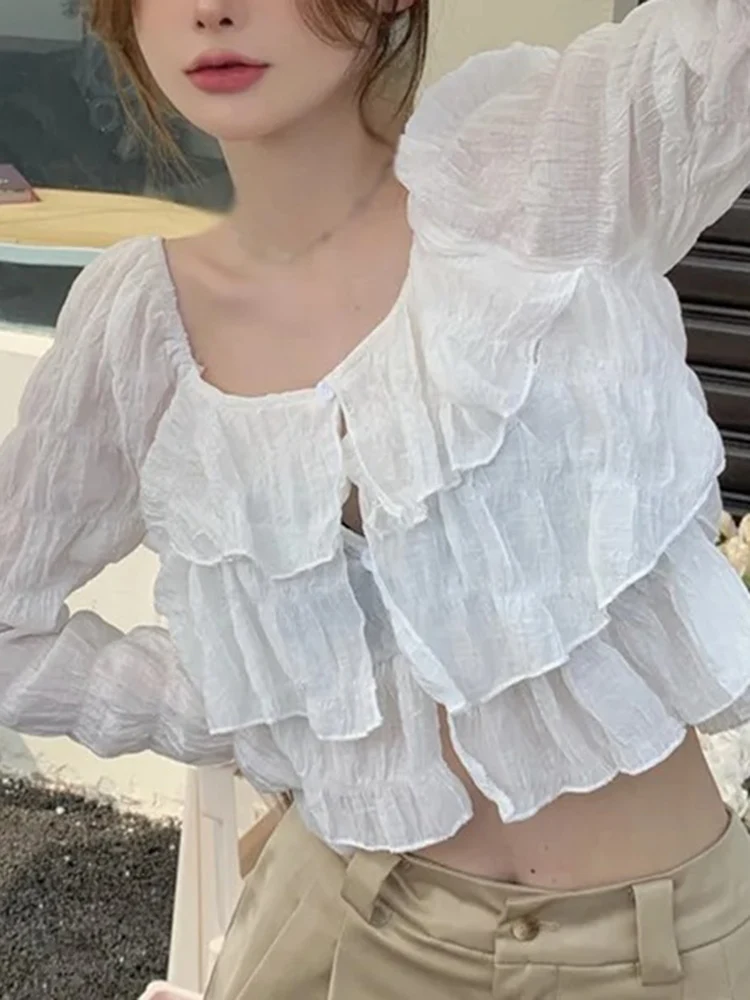 French Round Neck Ruffled Chiffon Shirt for Women's Summer New Fashion Casual Short Style Temperament Women Long Sleeved Shirt