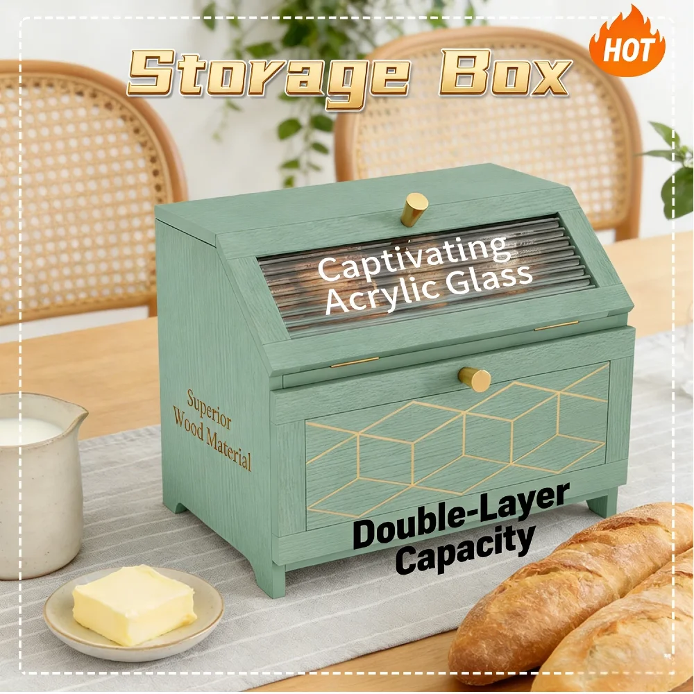 

Деревянная хлебница с волнистым акриловым стеклом, многофункциональный двухслойный контейнер большой вместимости для домашнего хлеба и тостов