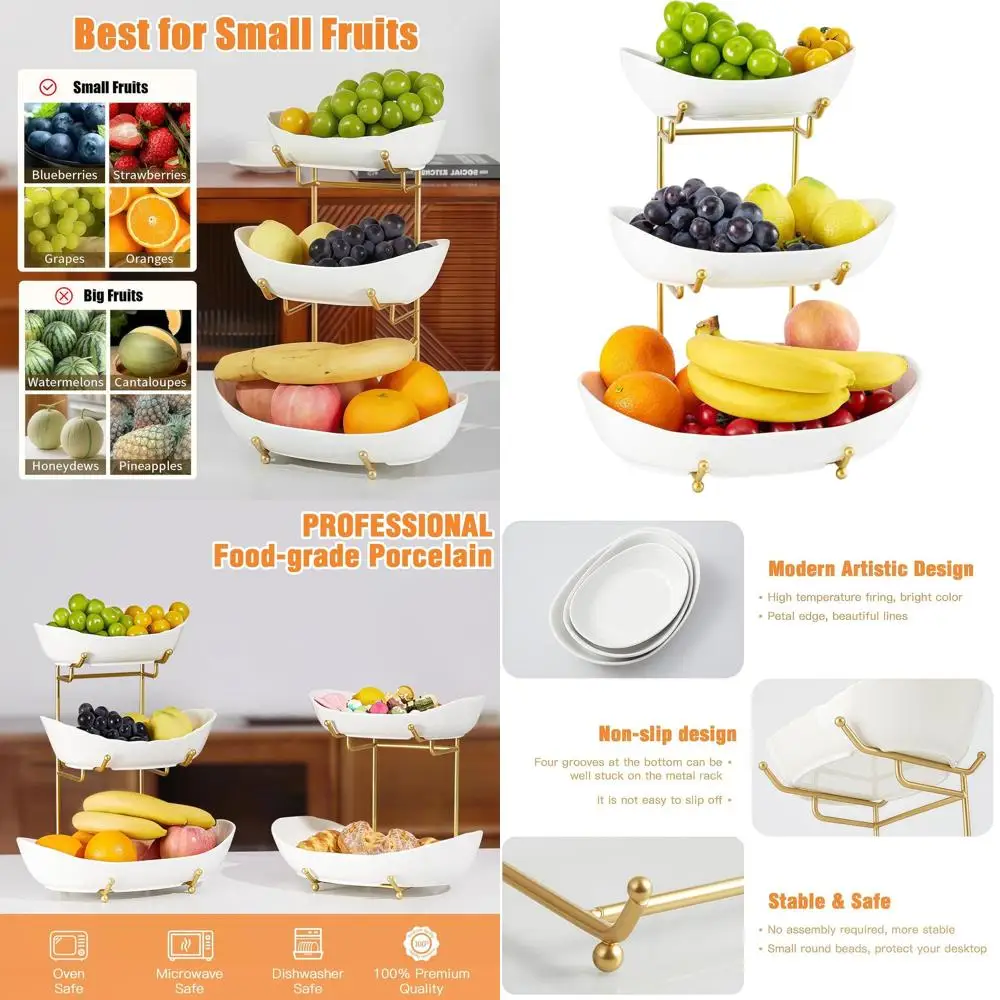 

3-Tier Metal Stand Fruit Bowl, Large Gold Kitchen Countertop Organizer for Fruits, Snacks, and Desserts