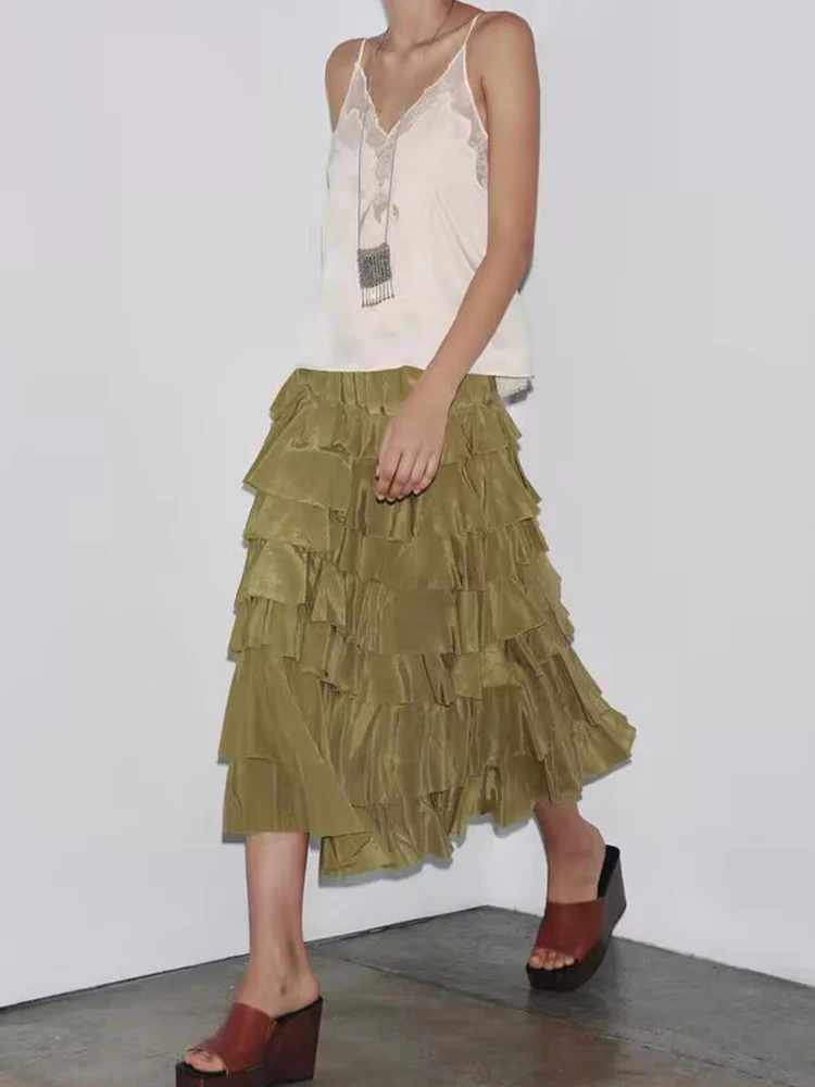 

European and American style summer new fashion women's clothing mid-waist design layered decorative midi skirt