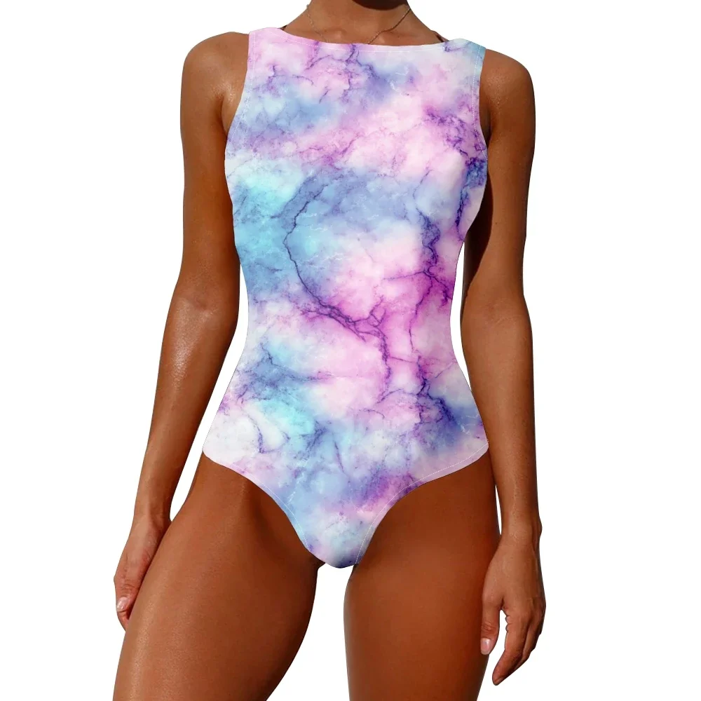 Marble Cracks Printed One Piece Swimsuit High-waist Tummy Control Beachwear Vacation Essentials Removable Pads Oversize Swimwear