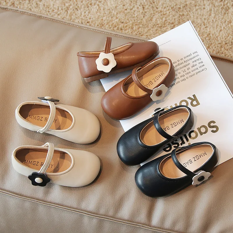Girls Flower Shoes Fashion PU Leather Flats Cute Soft Simple Spring and Autumn New Comfortable Children's Shallow Mary Jane Cute