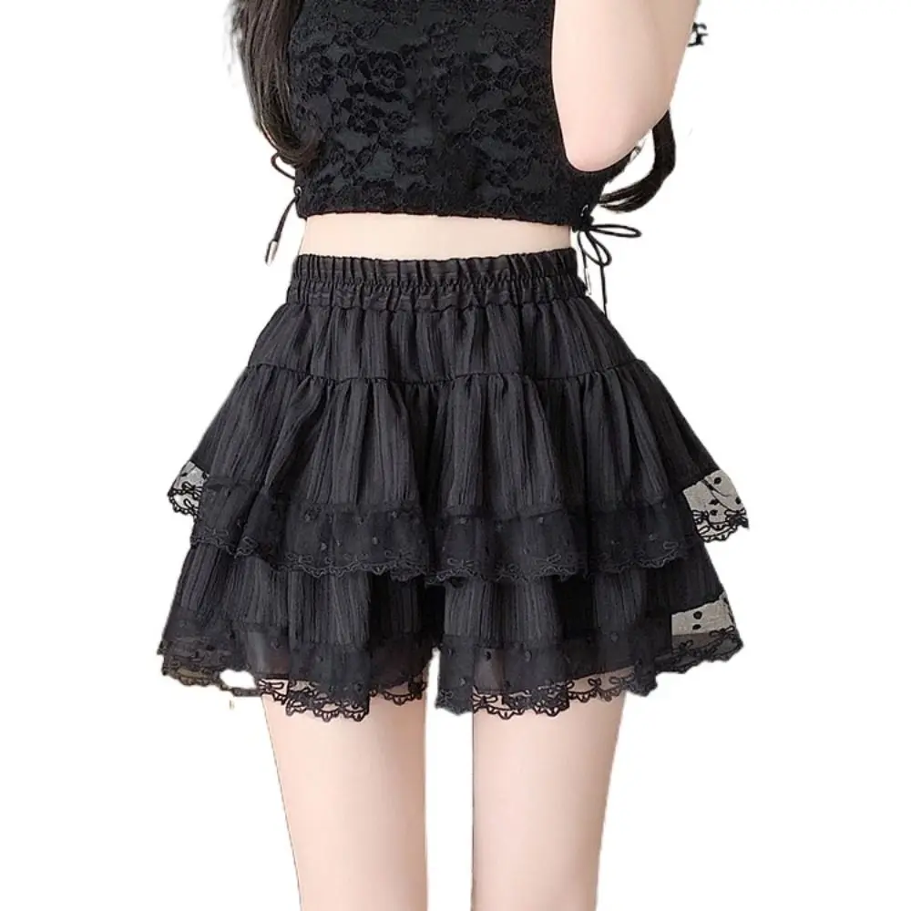 กระโปรงสั้นทรงเอไลน์ผ้าฟูฟ่องแต่งลูกไม้ผูกโบว์หวานๆ เอวสูงสำหรับผู้หญิง กระโปรงสั้นหลายชั้นเนื้อผ้ามีเท็กซ์เจอร์