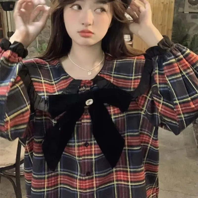 

2025 Sweet Ruffled Peter Pan Collar Loose Women's Blouses Female Plaid Shirts Preppy Style with Bowknot Fashion Students dsfw2s