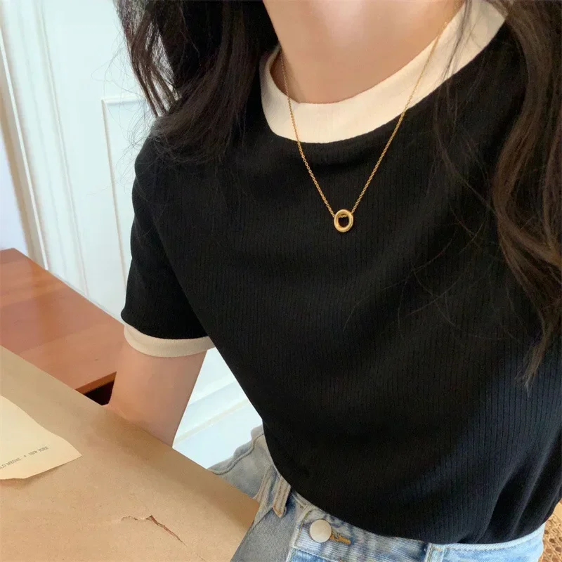 Casual Slim Fit Short Sleeve T-shirt Women's Top 2025 Summer New Style Korean Version Student Ribbed Women's Clothing Trendy