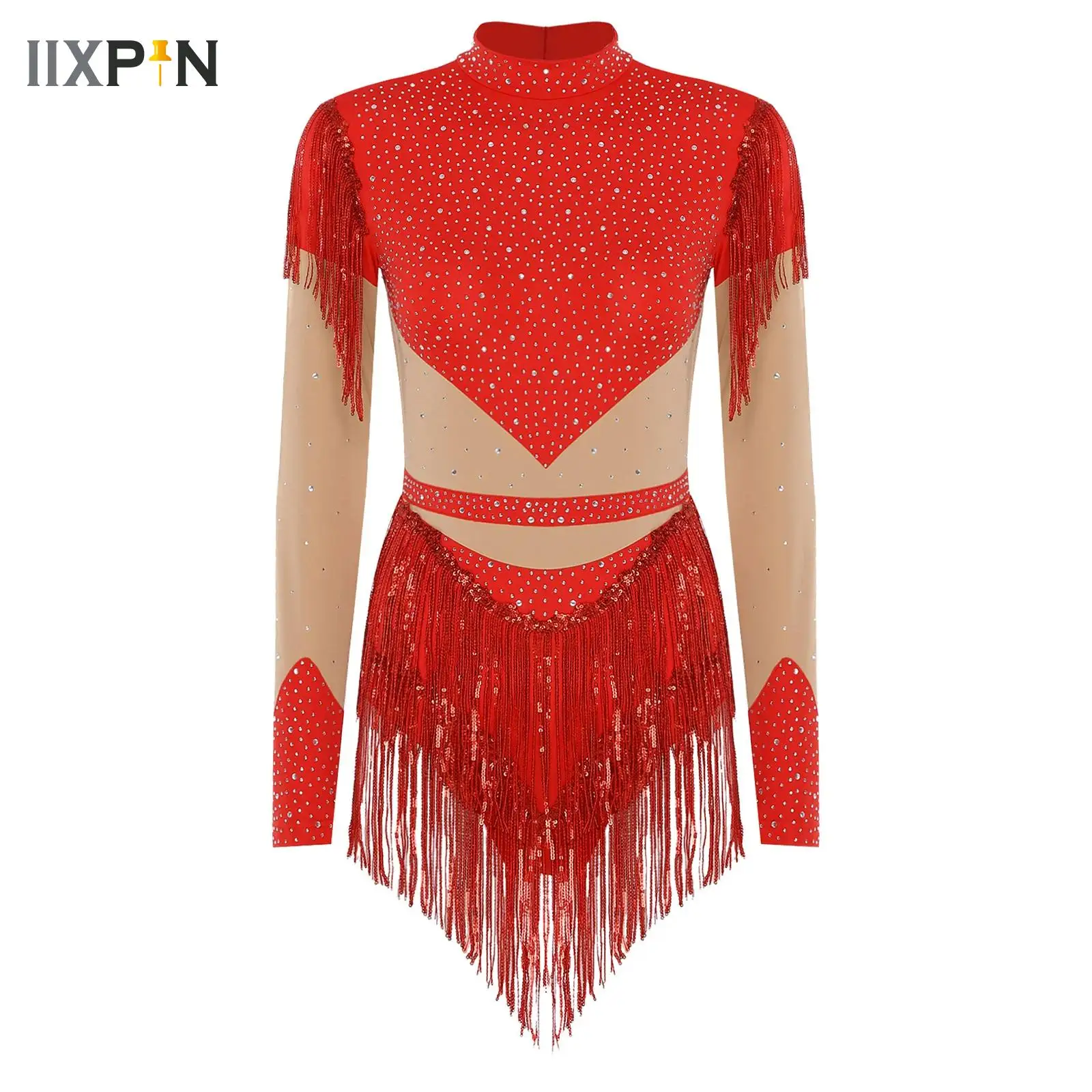 Damski kombinezon z frędzlami, nowoczesny strój do tańca latynoamerykańskiego i jazzu, sukienka, strój gimnastyczny z dżetami, kombinezon do łyżwiarstwa figurowego, kostium sceniczny.