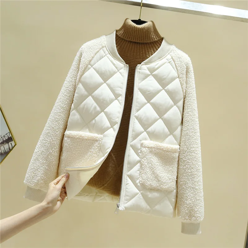 

2023New Winter Imitate Lambswool Women Jacket Thin Light Short Parka Warm Female Cotton Padded Jacket Casual Outwear GF1982