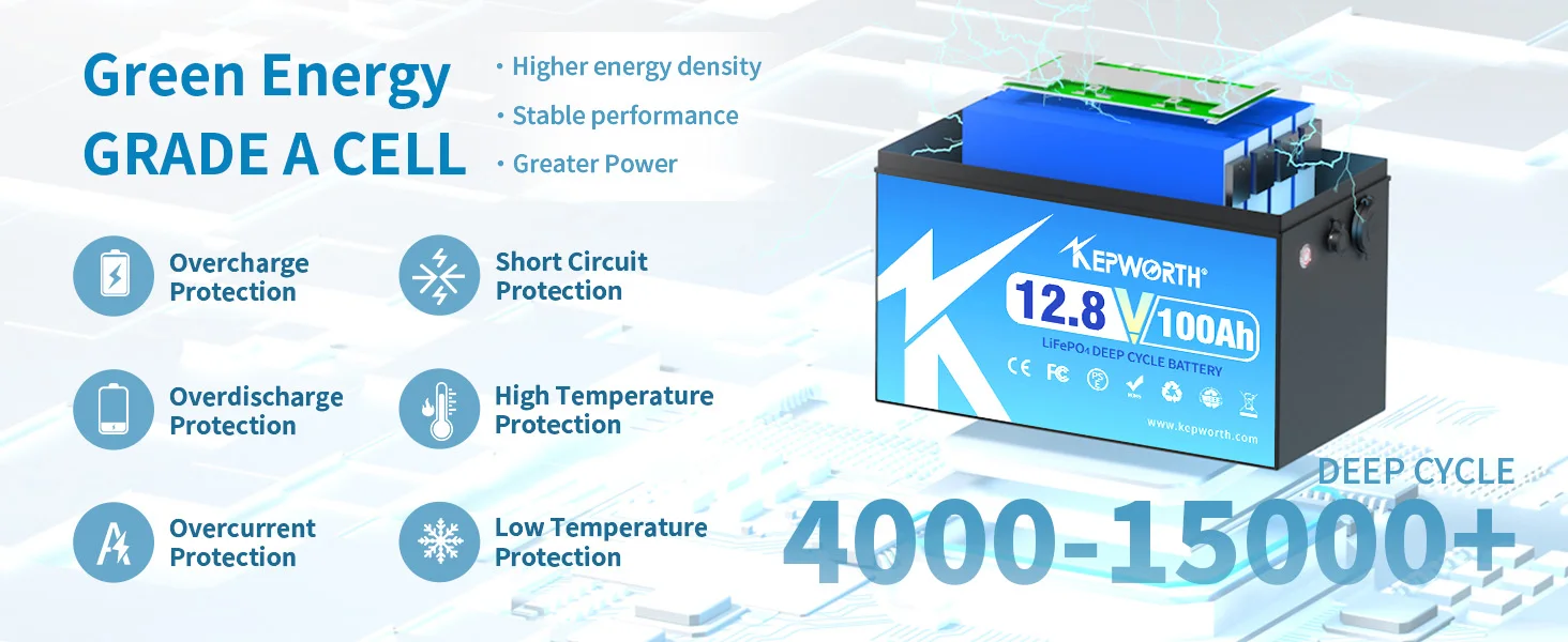 KEPWORTH 12V 100Ah LiFePO4 Batterie mit eingebautem 100A verbessertem BMS Lithium-Akku für Wohnmobile, Golfcarts, Offroad-Fahrzeuge und Off-Grid-Anwendungen. – Detail 2