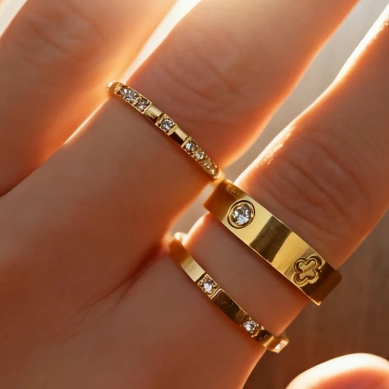 2/3Pcs High Quality Stainless Steel Shiny Zircon Rings Set for Women Plated Waterproof Non-Fading Rings