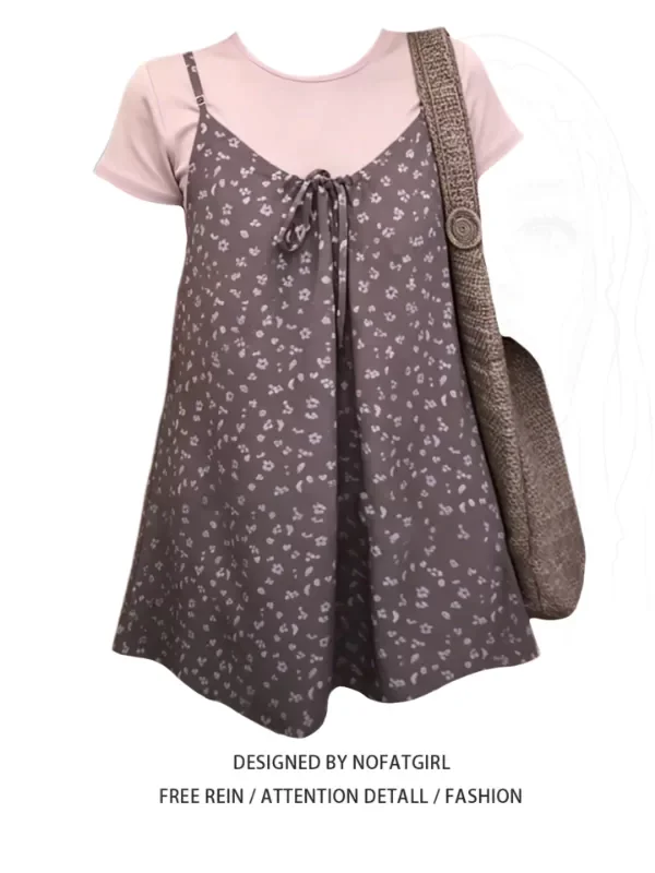 

plus Size Floral Print Halter Neck Vest Women's Summer Short Sleeve T-Shirt Layering Set Casual Commute Style Wear Resistant