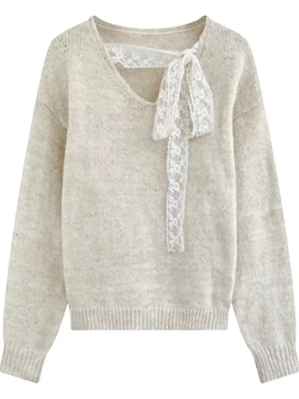 

Korean Sle Loose Knitted Sweater Women's Spring Autumn Winter Thiened Knot Tied Inner Wear Base Top