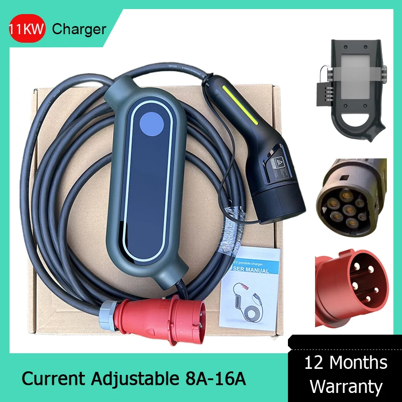 Cargador EV portátil de uso doméstico con enchufe hembra tipo 2, Cable EV de 5M, corriente ajustable CE para coche eléctrico, carga trifásica de 11kW