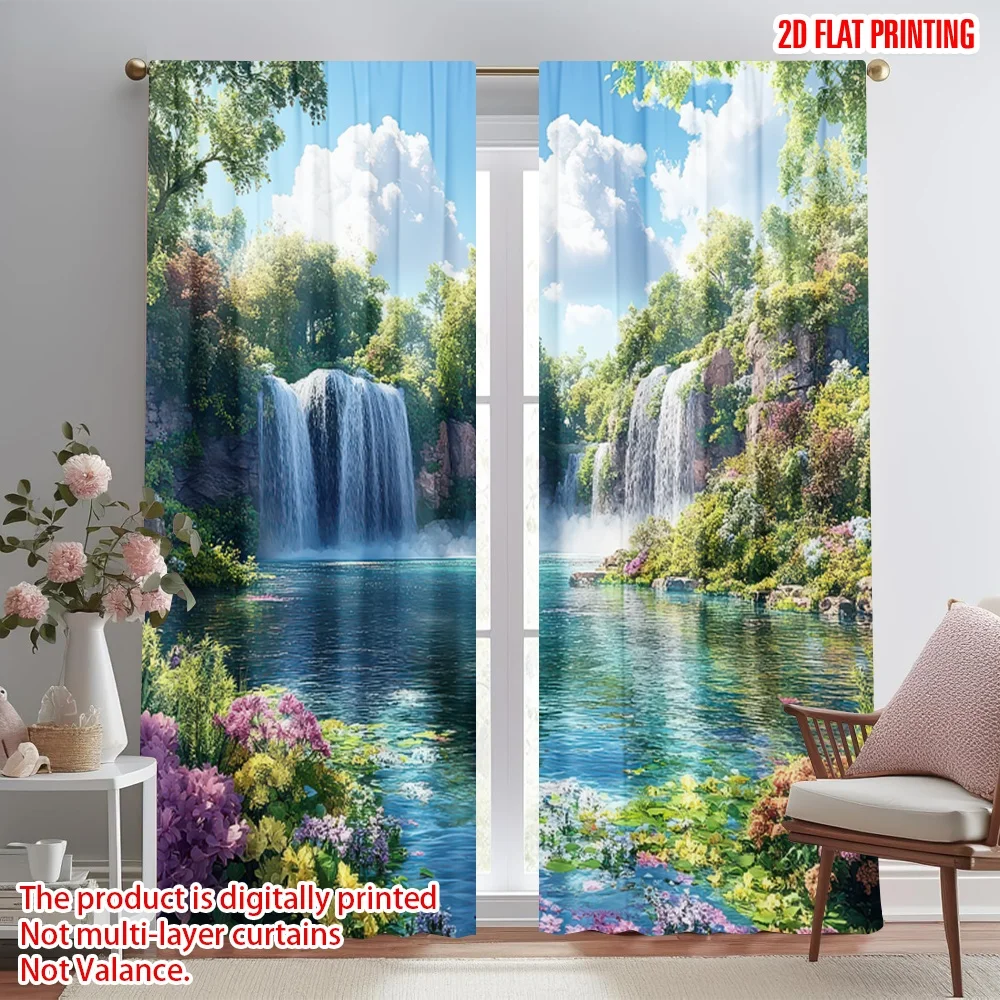

2D flat printing 2pcs Party Curtain Sunny Waterfall Paradise Digital Printed Polyester Drapes Holiday Decorations Perfect for