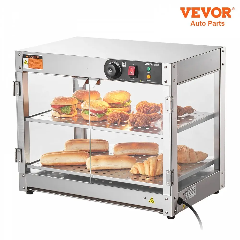 VEVOR Aquecedor comercial de alimentos de 2 camadas com display de 800 W Aquecedor de alimentos com luz para melhorar a exibição de alimentos