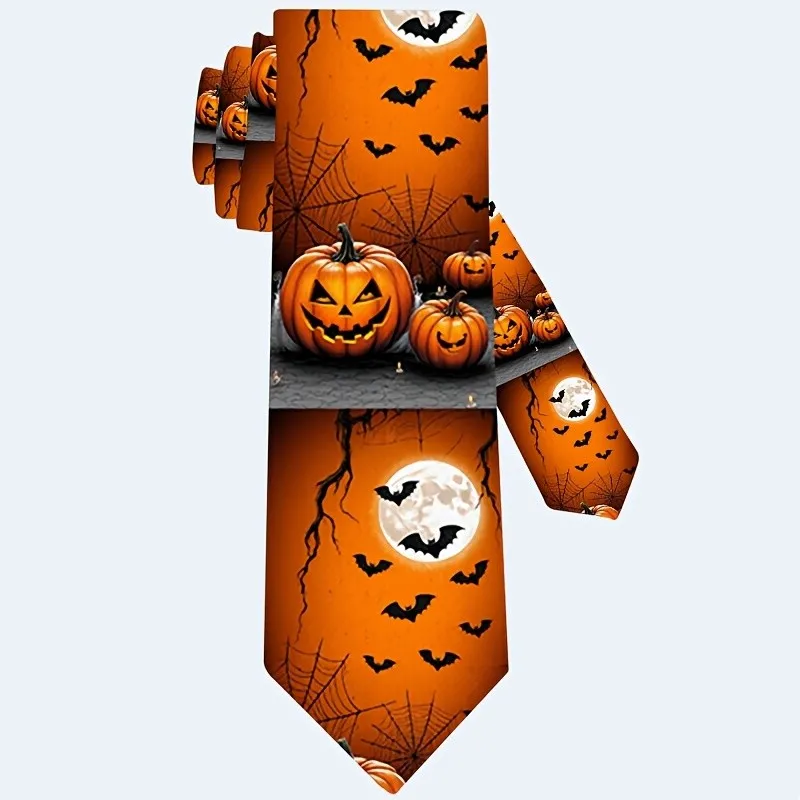 1pc Men's Halloween Necktie Pumpkin Print with Jack-o'-Lanterns Witches Hats Bats Soft Durable for Weddings