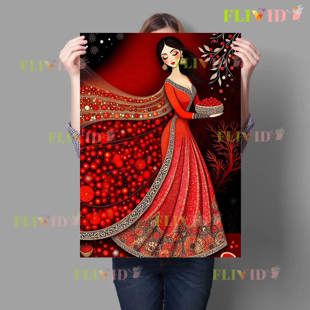Exotic Persian Woman Art Poster Prints,Rich Red Ethnic Girl Canvas Wall art,Exotic Oriental Woman Wall Art For Living Room Decor