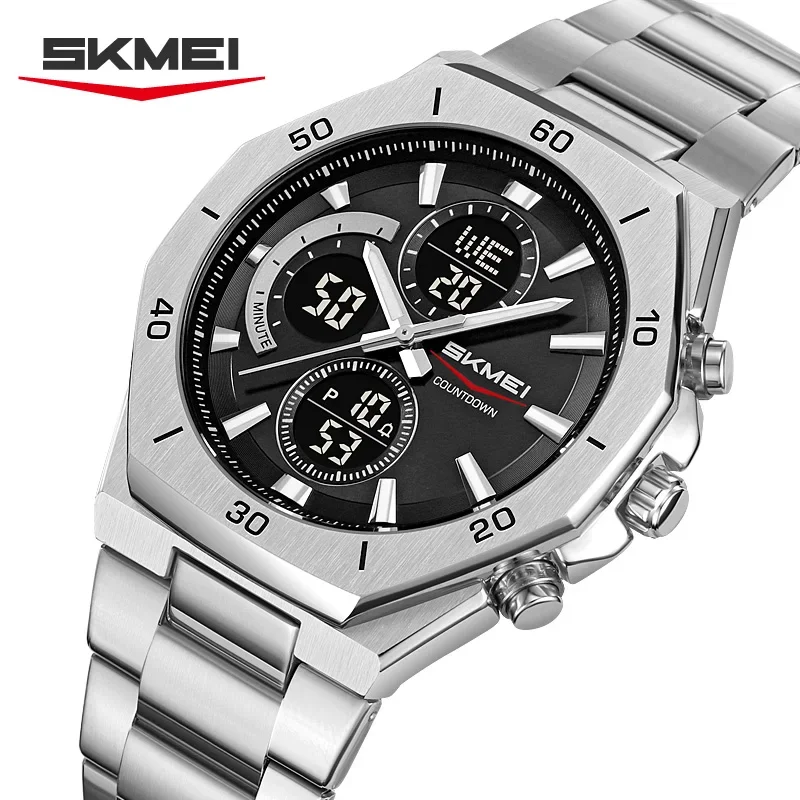 SKMEI 2561 Movement Multi - Functional EL Light 30M Waterproof Men's Silvery Gold Octagonal Watch Stainless Steel Strap Digital
