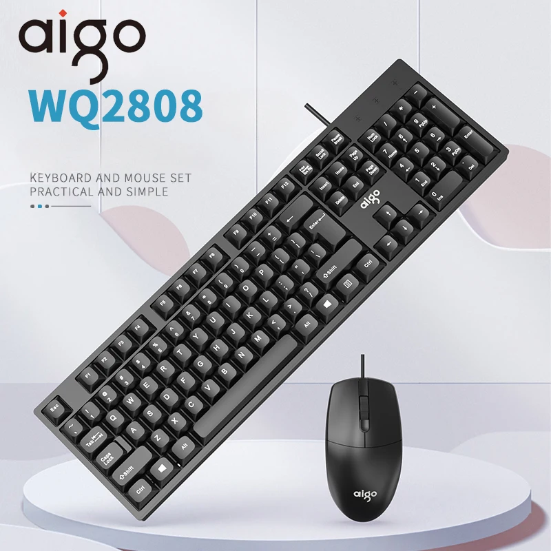 Aigo Practical Wired Keyboard and Mouse Set 1200dpi USB Computer Laptop Office Keyboard Kit 104keys Stable Simple for Windows